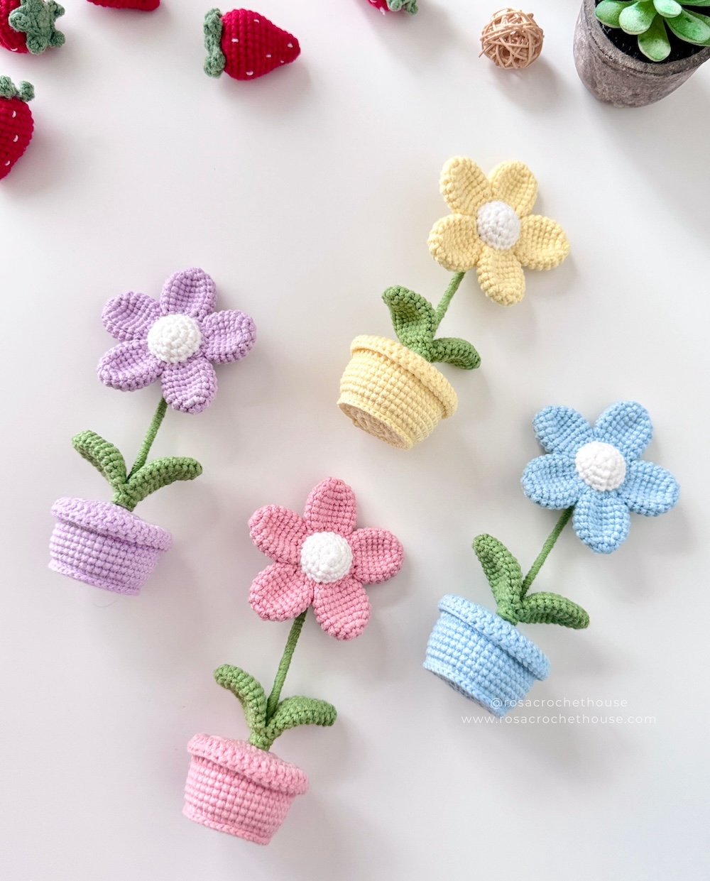 Crochet Five Patel Flower Pot, Crochet Flower Pot Desk Decoration