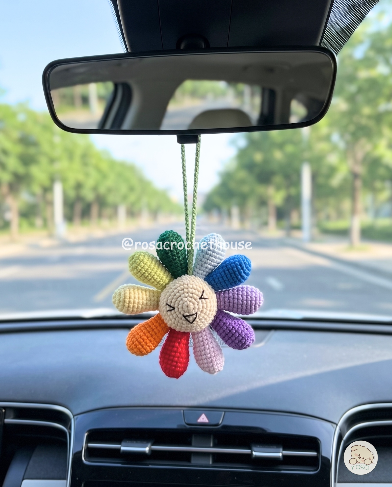 Crochet Rainbow Flower Car Hanger, Cute Crochet Flower Rearview Mirror Hanger