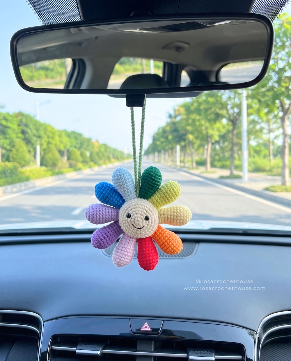 Crochet Rainbow Flower Car Hanger, Cute Crochet Flower Rearview Mirror Hanger