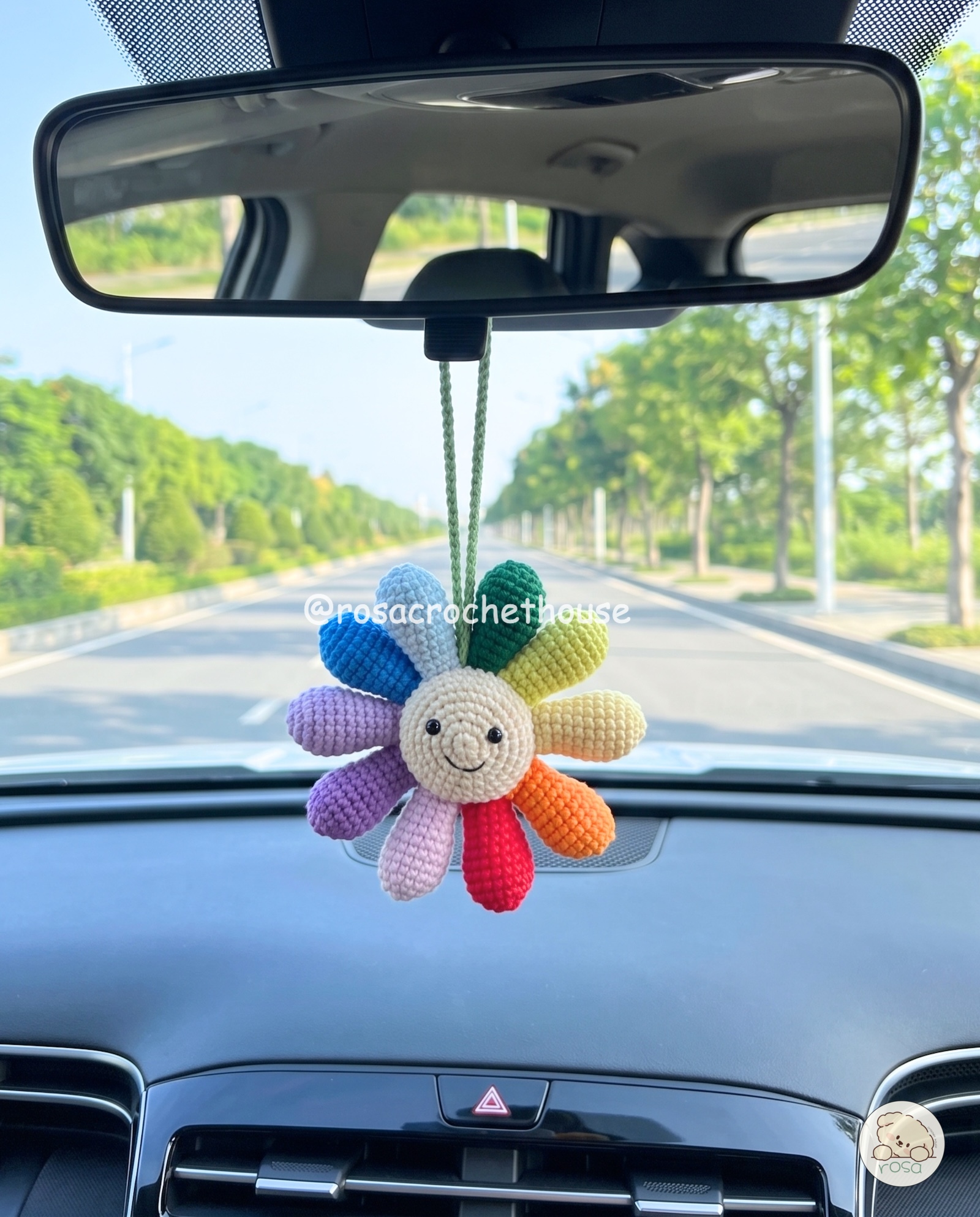 Crochet Rainbow Flower Car Hanger, Cute Crochet Flower Rearview Mirror Hanger